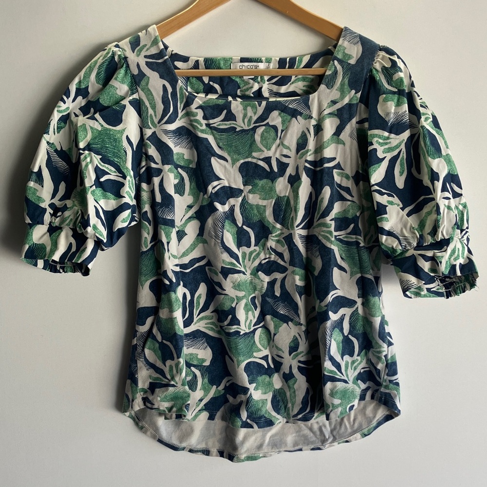 Chico's Leafy Green and Navy Blouse